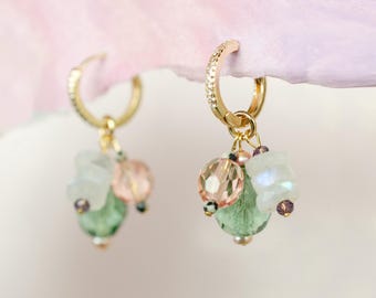 Green & Pink Charm Hoop Earrings |Moonstone Rhinestone Gold Hoops, Danity Hoop Earrings