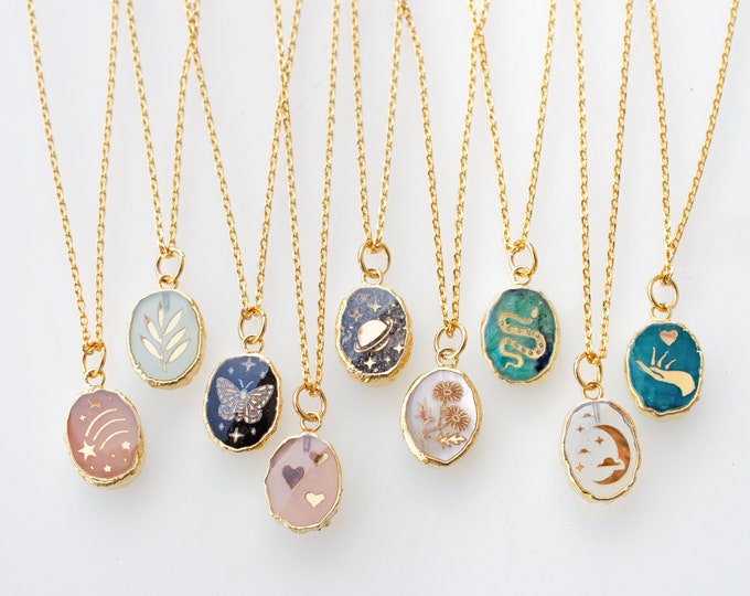 Gemstone Birthstone Necklace, Butterfly necklace, flower necklace, hearts, celestial necklace, snake necklace Saturn, gemstone necklace