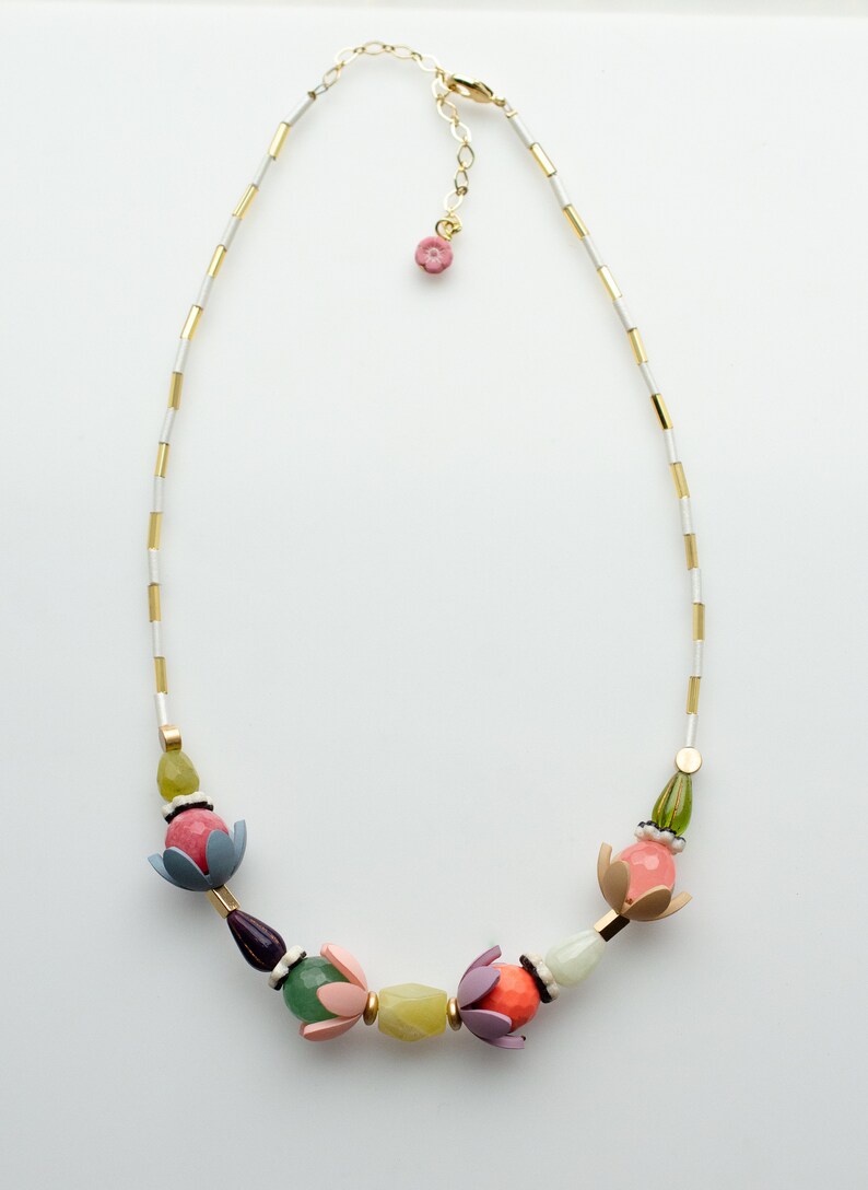 Colorful Beaded Necklace Flower Beaded Necklace Multicolored Etsy