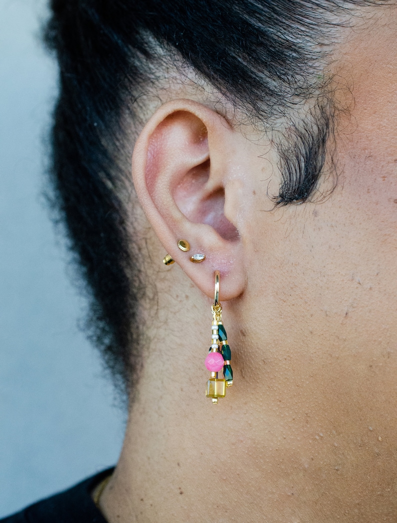 Colorful dangle earrings, Beaded charm earrings, Colorful hoop earrings, maximalism, dangle huggie hoops, statement earrings, bright hoops image 6