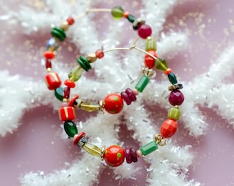 Beaded Christmas Hoops, Festive Holiday Earrings, Large hoop earrings