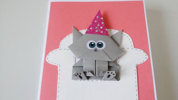 Cat Birthday Card Origami Cat Kitty Card Funny Cat Card Pop Up Card Girlfriend Cat Card Mom Cat Cards White Cat Happy Birthday Card