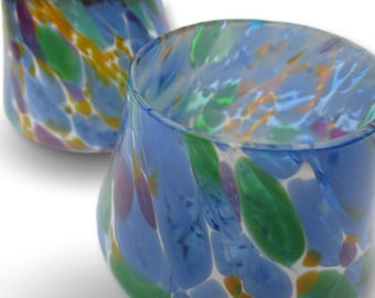 Whiskey Glasses Tumblers Set in Multi Colored Pattern Hand Blown Glass