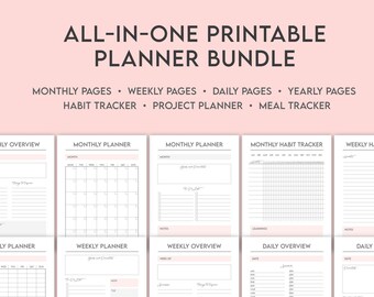 All-In-One Printable Personal Planner Bundle - Daily, Weekly, Monthly, Yearly Planner Pages, Digital PDF Download