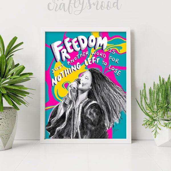 Original Janis Joplin Drawing, Me and Bobby McGee, Digital Art Print, Classic Rock Print, Freedom, Music Home Decor, Joplin Gift, Printable