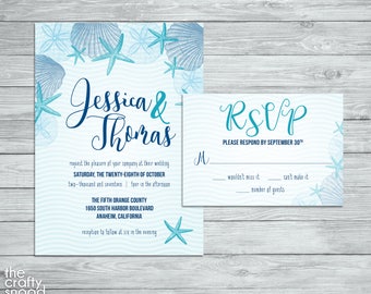 Blue Seashell Beach Wedding Invite & RSVP Card  - Digital file/Printable