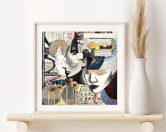 Abstract Faces Collage Giclee Print, Surreal Portrait Art (Frame not included)