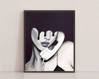 May include: A black and white painting of a woman's face with a white rotary phone. The woman's face is partially obscured by a black liquid dripping down her face. The painting has a dark purple background.