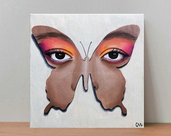 Original Butterfly Surreal Portrait Acrylic Painting, Wall Art, Minimalist Art