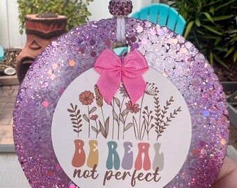 Car Freshie - “Be Real Not Perfect”  pink and purple glittery with pink bow car freshie - air freshener - Captain Crunch Berry