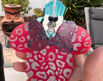 Minnie Car Freshie - Red and Silver with Black Glitter Bow and Black and Silver Crystal Beads -Cheetah Print - Cucumber Melon