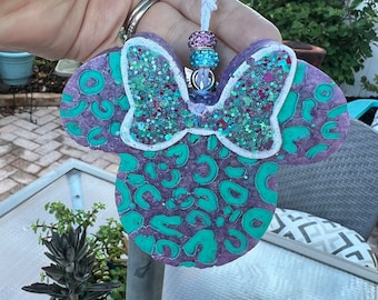 Minnie Car Freshie - purple and teal with teal Glitter Bow and teal and purple Crystal Beads -Cheetah Print - 1000 Wishes Scent