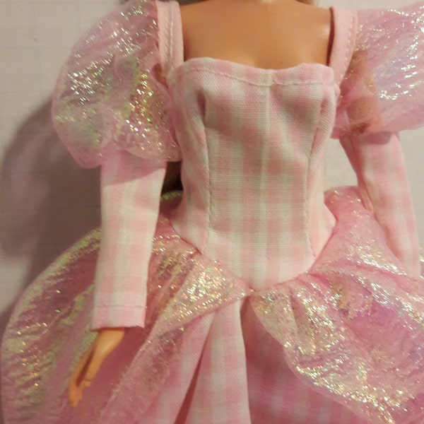 B 033 Totally Princess Style Handmade Pink Gingham Cotton and irridescent Paniers and Sleeve, Trimed with Lace Gown 11 1/2" fashion dolls