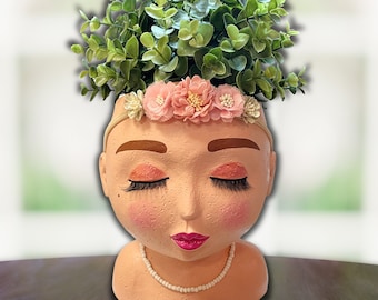 Hand-Painted Face Planter, Light Skin Tone Head Pot with Drainage