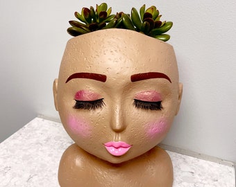 Hand-Painted Medium Skin Tone Face Planter with Drainage
