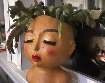 Hand-Painted Face Planter, Rich Skin Tone Head Pot with Drainage