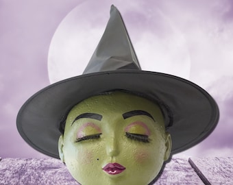 Hand-Painted Witch Face Planter - Halloween Goth Decor
