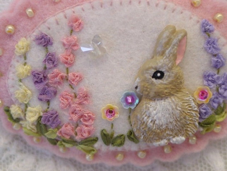 Bunny and hollyhocks pin just in time for Easter Etsy