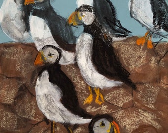 Vicki Telesford's "Puffins doing Nuffin"  limited edition (50) giclee print on 310gsm paper, signed and numbered 10 x 14" image plus border