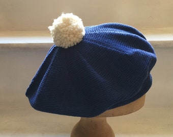 Royal blue beret, knitted pompom beret; cotton knit tam, women's blue beret