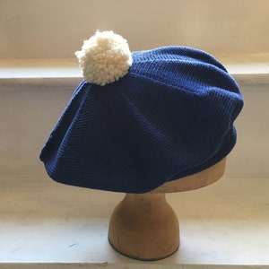 Royal blue beret, knitted pompom beret; cotton knit tam, women&#39;s blue beret