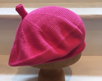 Pink Cotton Beret, Bright Pink Tam, Pink Vegan Beret, Pink Cotton Tam, Fuchsia Beret, Shocking Pink beret, Womens Pink beret, Pink Vegan Tam