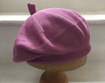 Pink cotton beret, lilac cotton tam, mauve beret, pink vegan beret, vegan tam, lilac knitted beret, women's cotton beret, women's cotton tam