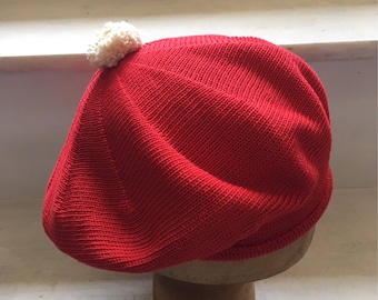 Red Cotton Beret, Bright Red Beret, Red Knitted Tam, Women's Red Beret, Vegan Beret, Scarlet Tam, Red Tam, Cotton Knitted Beret