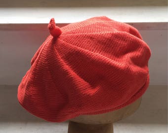 Orange cotton beret, women's scarlet tam, orange-red beret, cotton knit beret, vegan beret, French style beret