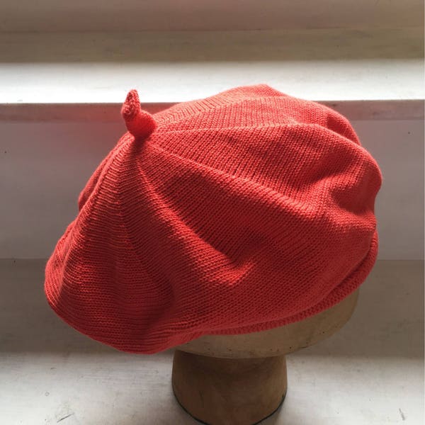 Orange cotton beret, women's scarlet tam, orange-red beret, cotton knit beret, vegan beret, French style beret