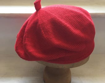 Red Cotton Beret, Bright Red Beret, Red Knitted Tam, Women's Red Beret, Vegan Beret, Scarlet Tam, Red Tam, Cotton Knitted Beret