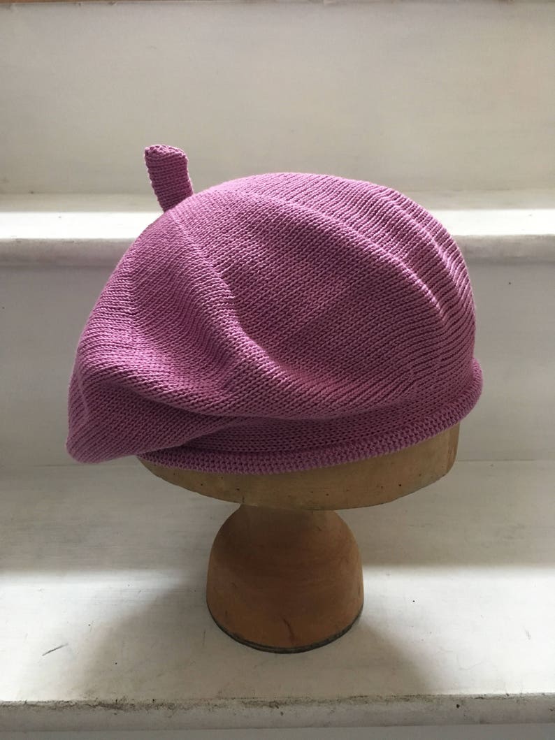 Pink cotton beret, lilac cotton tam, mauve beret, pink vegan beret, vegan tam, lilac knitted beret, women's cotton beret, women's cotton tam image 1