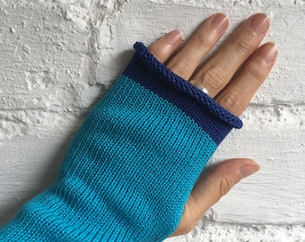 Türkis blaue Handschuhe, blaue fingerlose Handschuhe, blaue Baumwollhandschuhe, Türkis Pulswärmer, blaue Armstulpen, Vegan Handschuhe