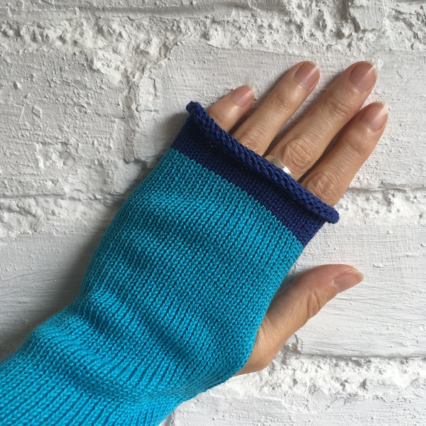 Turquoise Blue Gloves, Blue Fingerless Gloves, Blue Cotton Gloves, Turquoise Wrist Warmers, Blue Arm Warmers, Vegan Gloves, UK Gloves