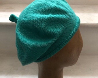 Turquoise Green Beret, Aquamarine Cotton Beret, Blue Green Vegan Tam, Knitted Turquoise Beret, Women's Blue Cotton Tam, French Style Beret