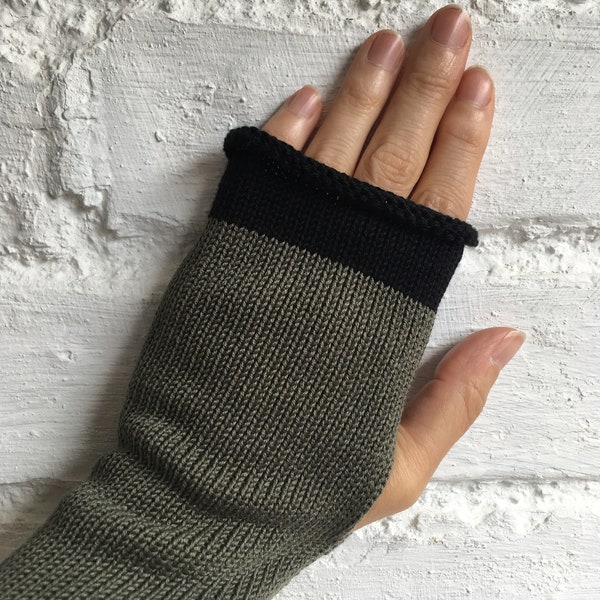 Khaki Cotton Gloves, Olive Fingerless Gloves, Khaki Wristwarmers, Vegan Gloves, Green Cotton Gloves, Green Knit Gloves, Green Arm Warmers