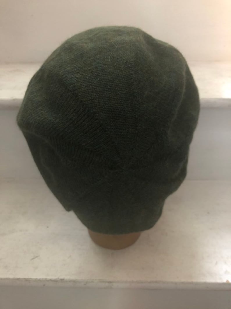 May include: A dark green knitted beret hat.