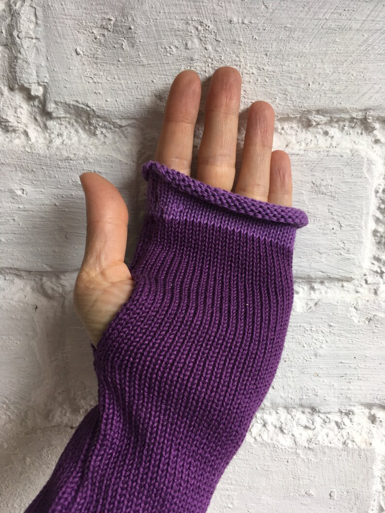 Purple Cotton Gloves, Purple Vegan Gloves, Violet Wrist Warmers, Purple Fingerless Gloves, Vegan Fingerless Gloves, Purple Arm Warmers image 3