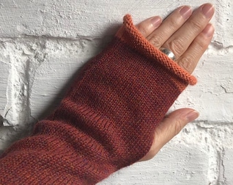 Chestnut Brown Knit Alpaca Fingerless Gloves, Rust Wrist Warmers, Unisex Brown Gloves, Alpaca Wristlets