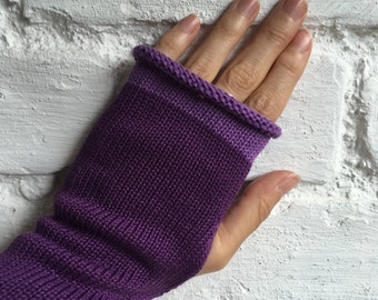 Guantes de algodón morado, guantes veganos morados, calentadores de muñeca violetas, guantes sin dedos morados, guantes veganos sin dedos, calentadores de brazos morados