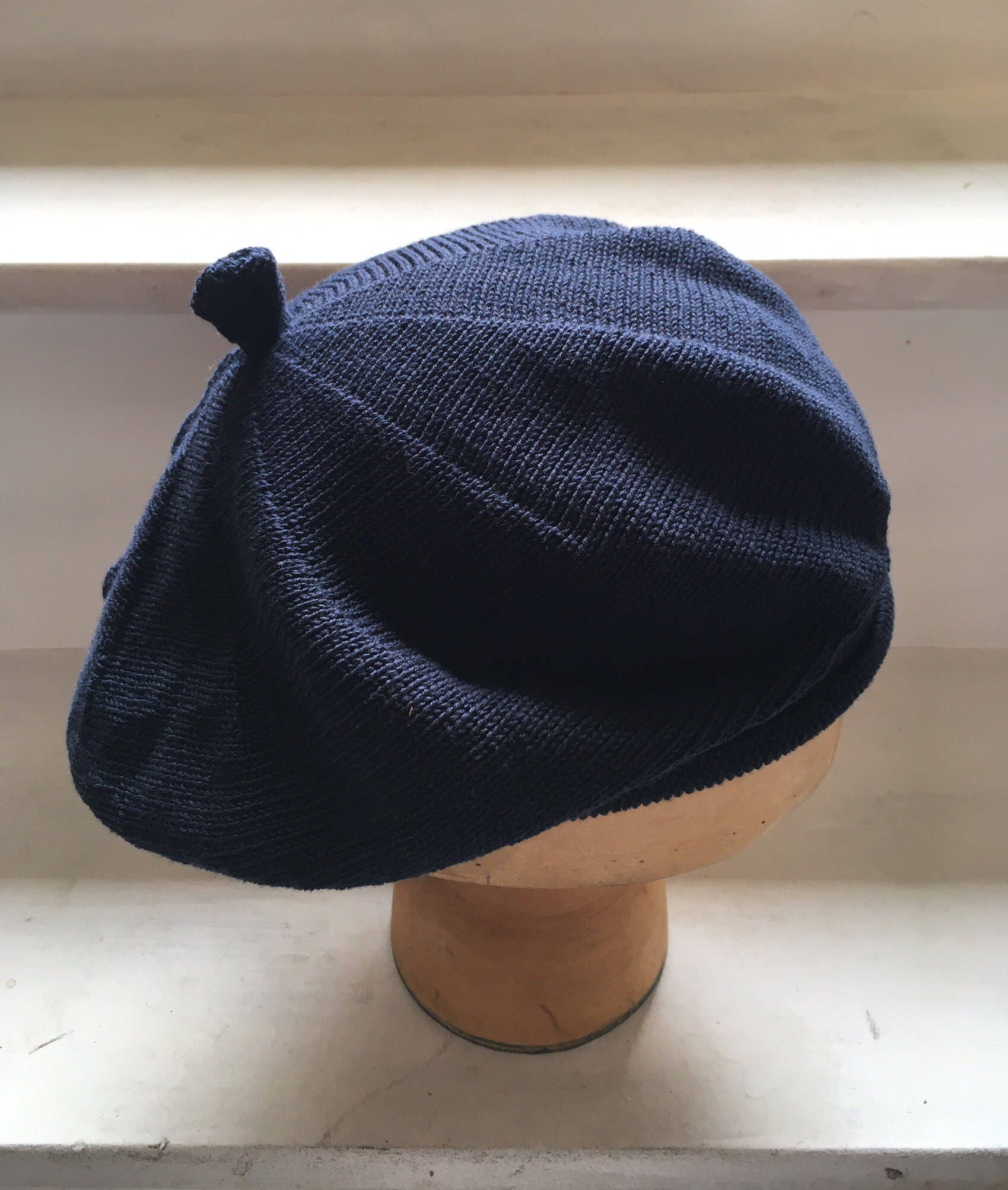 Navy Cotton Beret, Indigo Knit Tam, Women's Cotton Beret
