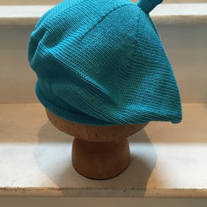 Tam di cotone blu, berretto di cotone turchese, berretto lavorato a maglia turchese, berretto blu da donna, berretto blu vegano, berretto di cotone vegano, berretto francese blu immagine 3