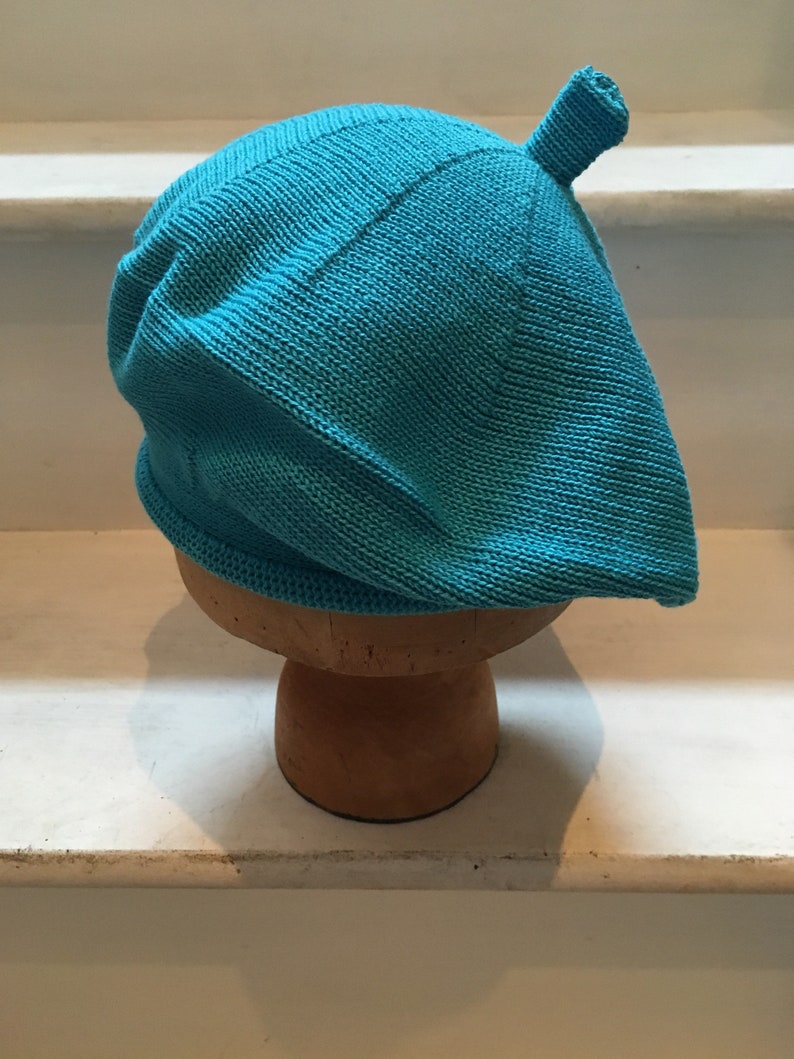 Tam di cotone blu, berretto di cotone turchese, berretto lavorato a maglia turchese, berretto blu da donna, berretto blu vegano, berretto di cotone vegano, berretto francese blu immagine 3