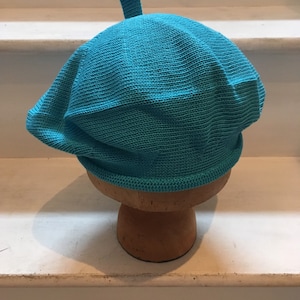 Tam di cotone blu, berretto di cotone turchese, berretto lavorato a maglia turchese, berretto blu da donna, berretto blu vegano, berretto di cotone vegano, berretto francese blu immagine 6