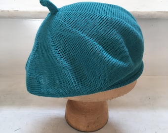 Teal Cotton Beret, Turquoise Beret, Blue Vegan Beret, Women's Blue Beret, Women's Teal Beret, French Beret, Teal Tam, Vegan Tam, Knit Beret