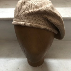 Beige Cotton Beret, Neutral Knitted Beret, Natural Beige tam, Women's Cotton Beret, Vegan Beret, French Beret, Light Brown Tam image 2