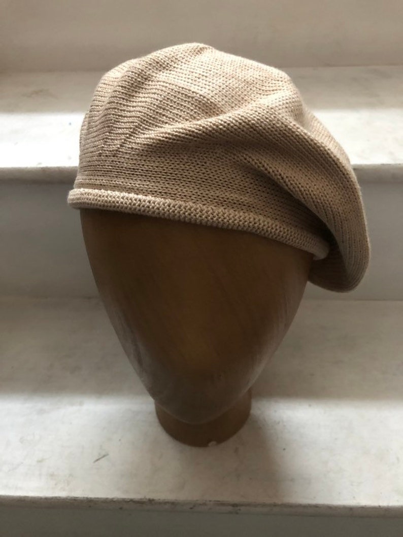 Beige Cotton Beret, Neutral Knitted Beret, Natural Beige tam, Women's Cotton Beret, Vegan Beret, French Beret, Light Brown Tam image 2