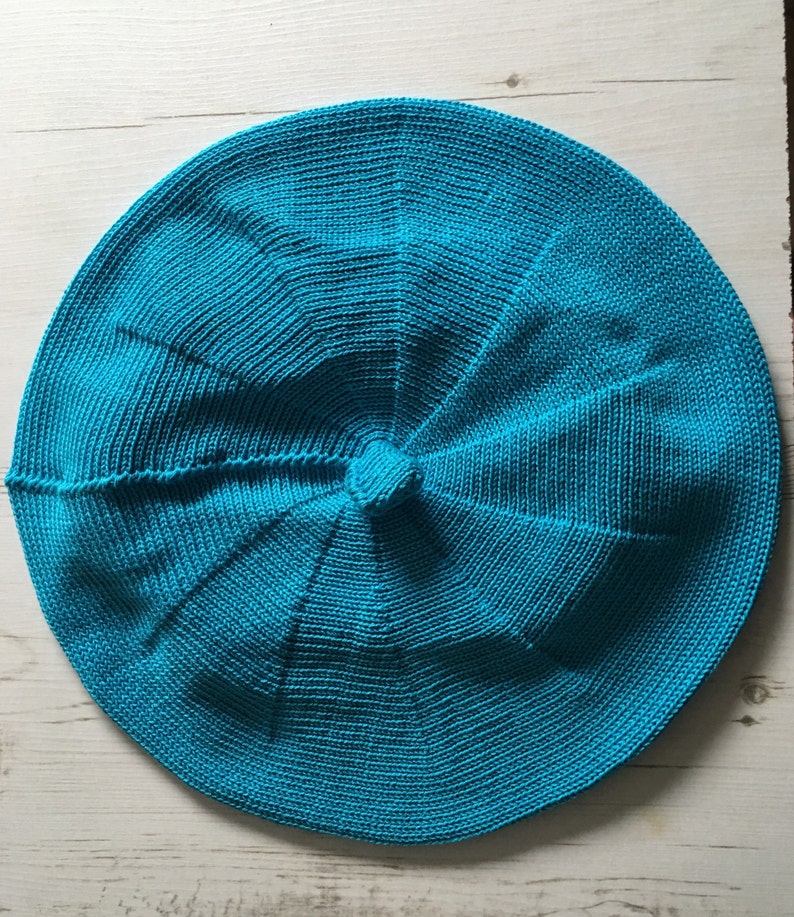 Tam di cotone blu, berretto di cotone turchese, berretto lavorato a maglia turchese, berretto blu da donna, berretto blu vegano, berretto di cotone vegano, berretto francese blu immagine 8