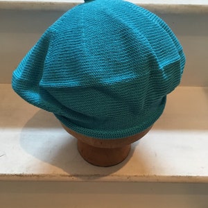 Tam di cotone blu, berretto di cotone turchese, berretto lavorato a maglia turchese, berretto blu da donna, berretto blu vegano, berretto di cotone vegano, berretto francese blu immagine 2