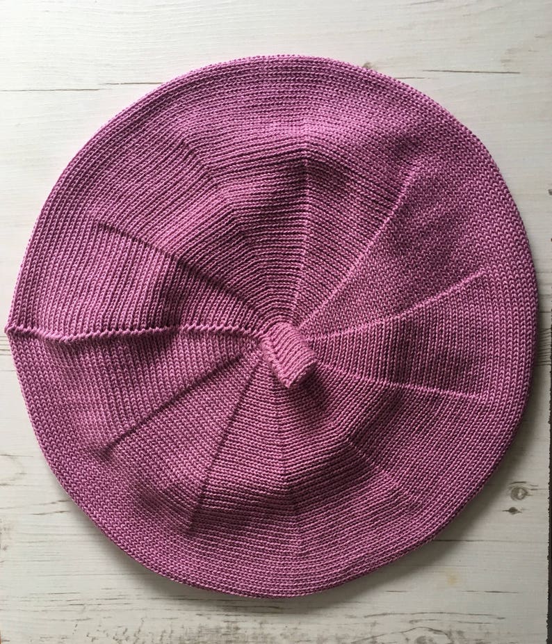 Pink cotton beret, lilac cotton tam, mauve beret, pink vegan beret, vegan tam, lilac knitted beret, women's cotton beret, women's cotton tam image 9